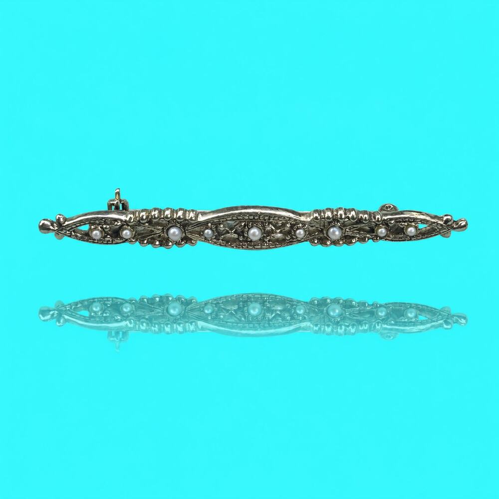 Vintage Gold Tone Filigree Bar Brooch with Faux Pearl Accents Elegant Bar Pin